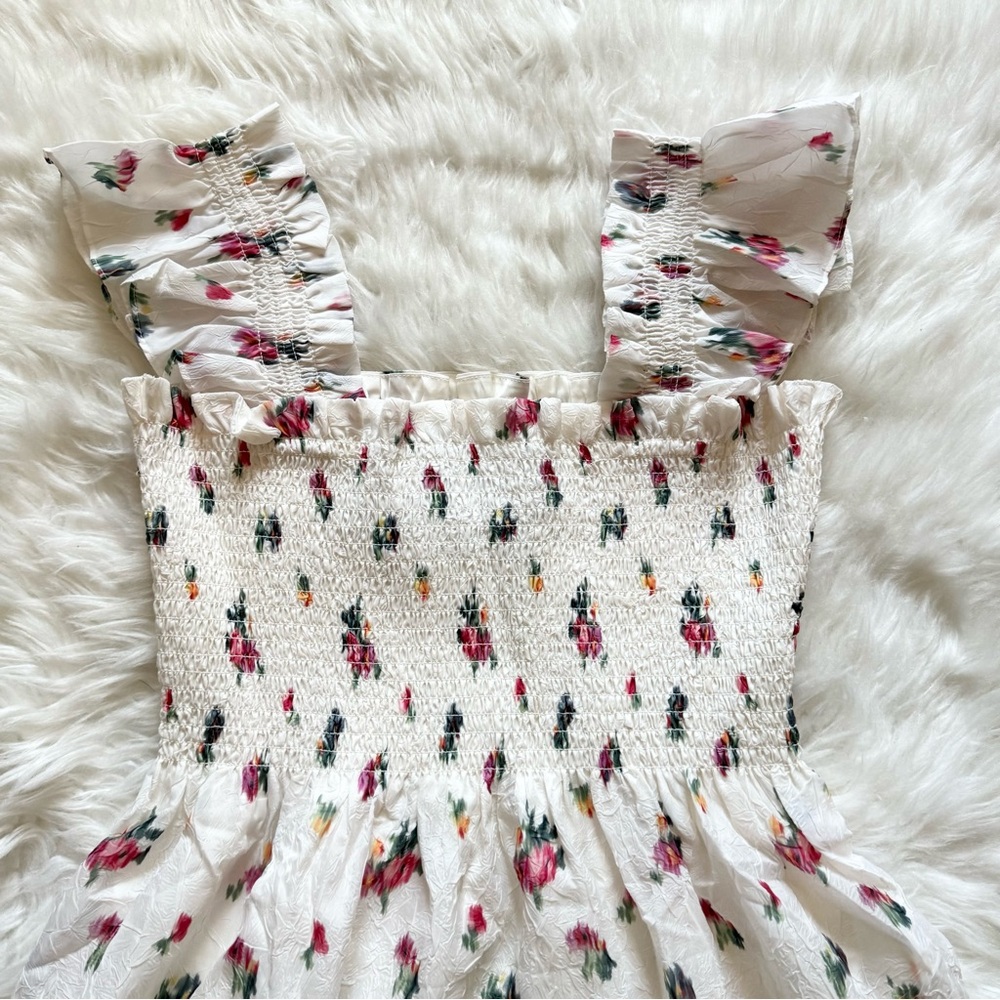 New! HILL HOUSE Ellie Floral Midi Nap Dress in Ivory Crushed Taffeta Ikat - Picture 10 of 15